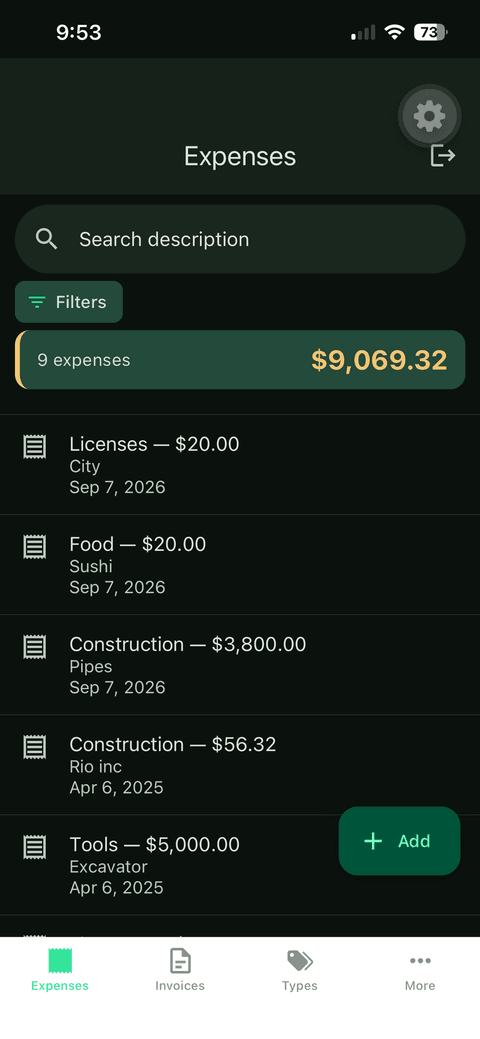 The expense list with running totals