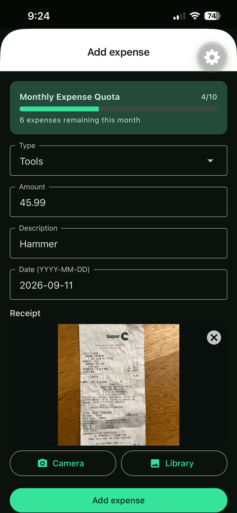 Scanning a paper receipt in Jade Finance